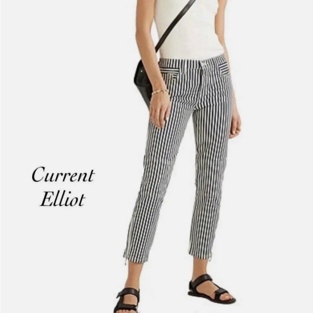 NEW CURRENT/ELLIOTT The Cropped Lexton Straight Modern Stripe Dark Navy/White 25